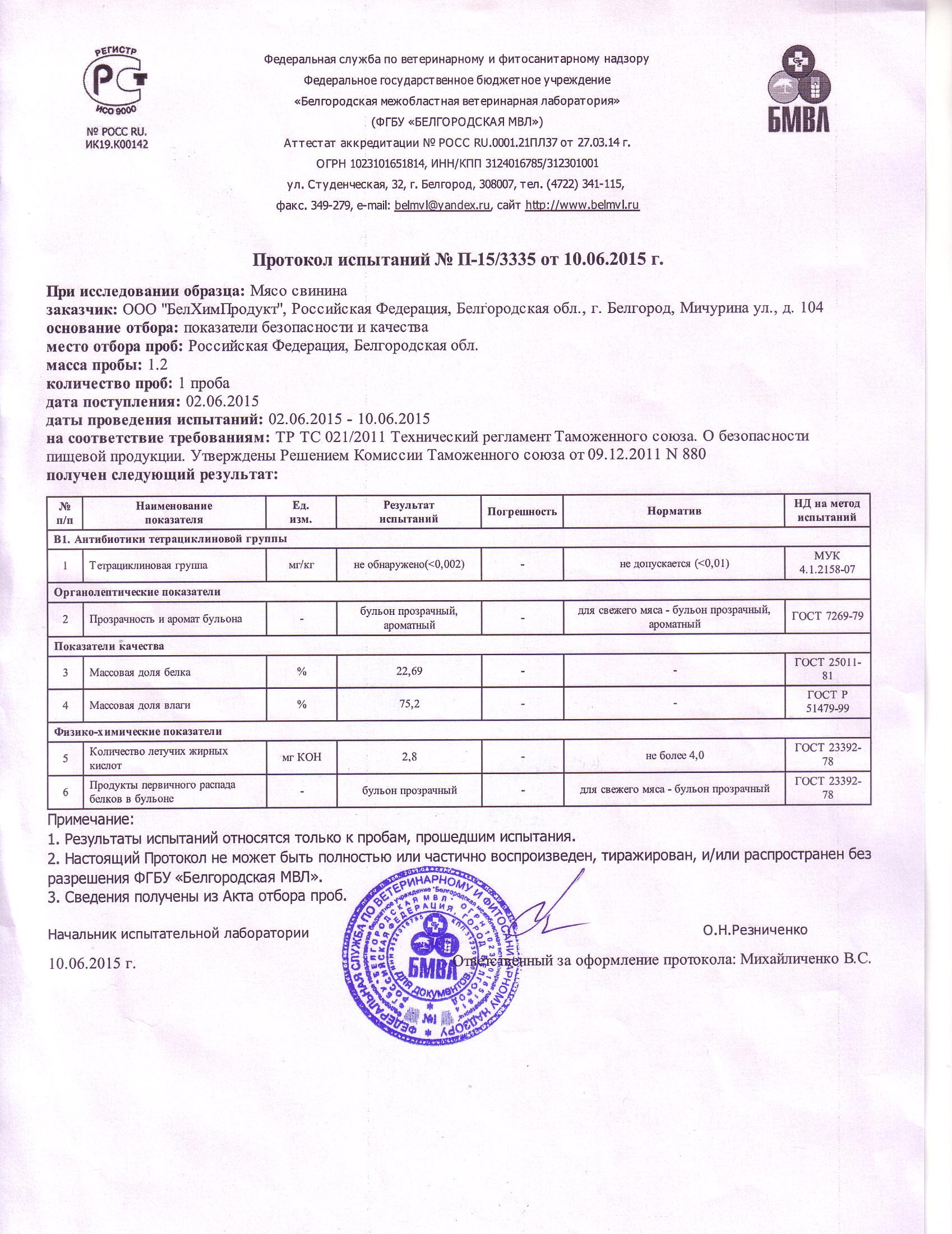 Протокол испытаний пищевой продукции образец